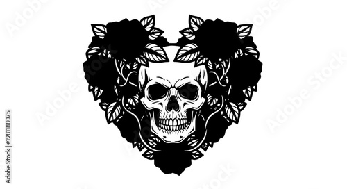 Skull and rose heart tattoo vector with bold graphic design for streetwear and logo isolated on white