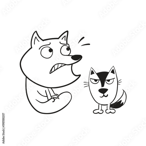 Funny cartoon illustration of a scared dog looking at a smug cat, animal characters.