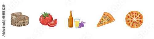 Italian Travel Landmarks and Traditional Food Elements with Inky Crayon Brush Strokes and Artistic Ink Wash Texture