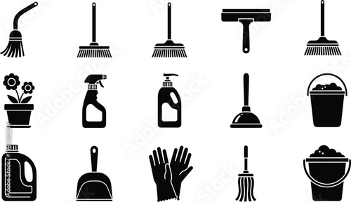 cleaning tools silhouettes set, household equipment icons, broom mop spray bottle bucket gloves, hygiene supplies collection, black vector illustration isolated pack