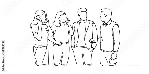 Continuous line drawing of a diverse group of people engaged in communication and mobile technology Vector, illustration