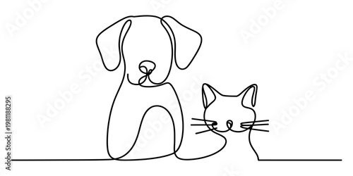 A minimalist continuous line drawing depicting a friendly dog sitting next to a cute small cat. Vector, illustration