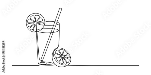 A single continuous line drawing of a tall glass of lemonade with a straw and fresh lemon slices. Vector, illustration