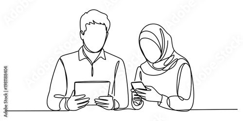 A continuous line drawing of a man and a woman in a hijab looking at their mobile devices together Vector, illustration