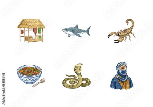 Desert Culture and Wildlife Elements with Colorful Crayony Pencil Texture and Organic Calligraphic Strokes