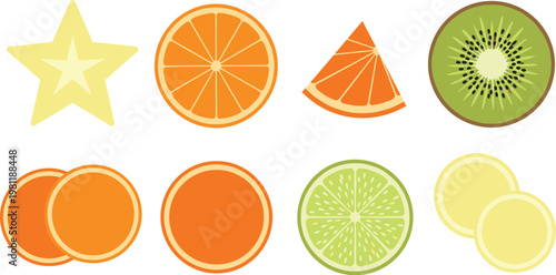 Citrus fruit slices and shapes set with orange, lemon, lime and kiwi vector illustration for fresh food icons and design elements