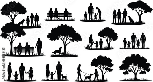 Family park silhouettes vector set, parents children with dogs walking sitting under trees, outdoor lifestyle scenes, black human figures, nature activity illustration collection