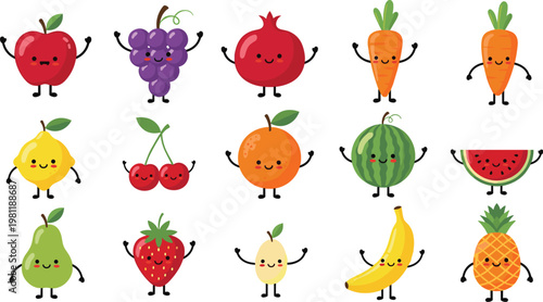 Cute fruit and vegetable characters collection with apple, grape, carrot, watermelon and banana vector illustration for healthy food kids design