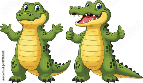 Cute crocodile characters set with friendly expressions and thumbs up gesture vector illustration for kids animal cartoon and mascot design