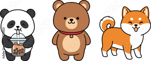 Cute animal characters set with panda holding bubble tea, teddy bear and Shiba Inu dog vector illustration for kids cartoon design