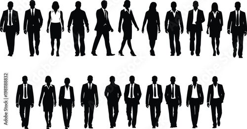 business people silhouettes collection, corporate team walking, professional men women icons, office workers set, leadership concept, black vector illustration pack