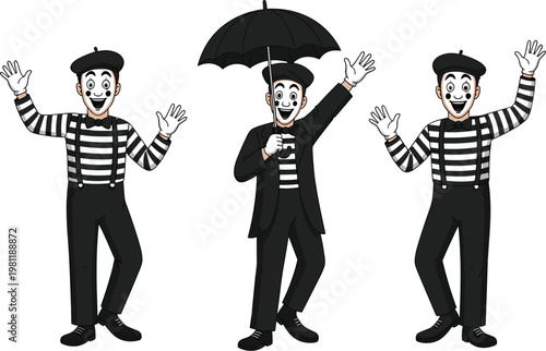 Mime artist characters set with black and white costume, umbrella and expressive poses vector illustration for street performance and theater design