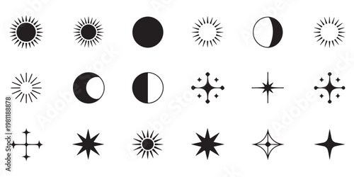 Minimalist celestial icons featuring sun, moon phases, and various stars