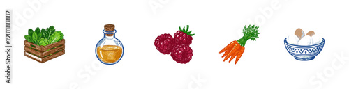 Organic Farm Produce and Healthy Food Elements with Fluid Crayon Pencil Texture and Colorful Crayony Aesthetic