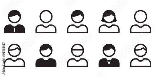 Set of diverse user avatar icons in black and white for web and app interfaces