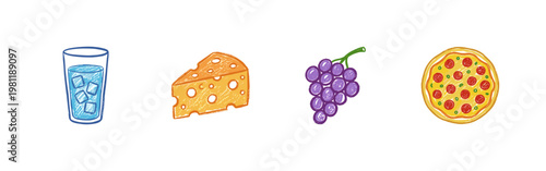 Food and Drink Gastronomy Elements with Clumsy Colorful Crayon Aesthetic and Vibrant Colorful Colors