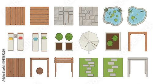 Collection of top view vector graphic elements for professional landscape architecture and garden design planning projects