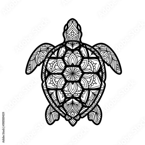 Black and white turtle with intricate mandala patterns on its shell