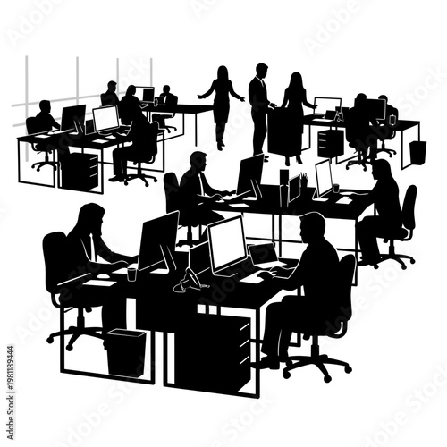 Silhouette of people working in a busy office environment with computers