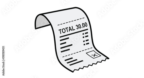 Detailed illustration of a crumpled paper receipt displaying a total amount of 30.00, symbolizing financial transactions and expenses.