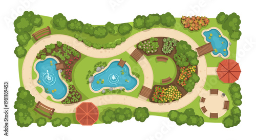 Top view vector illustration of a landscaped garden with winding paths and beautiful blue ponds