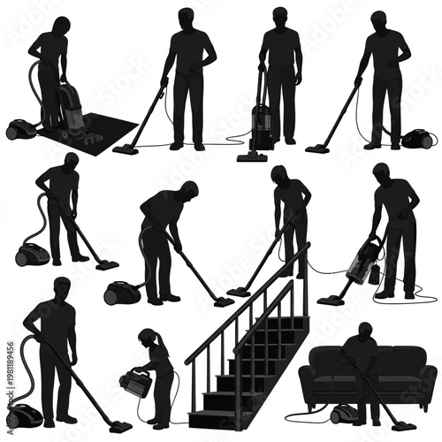 Silhouettes of people using various vacuum cleaners in different cleaning positions and locations