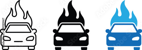 Car fire icon burning vehicle flames smoke accident hazard danger alert emergency safety symbol detailed high quality design