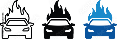Car fire icon vehicle burning flames smoke hazard danger emergency accident safety warning symbol detailed high quality illustration