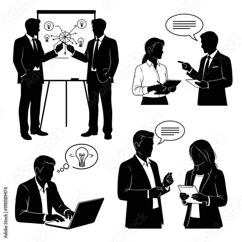 Business people in silhouette discussing ideas and working together on projects