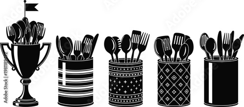 Kitchen utensils silhouettes vector set, spoons forks knives in decorative holders, black cutlery collection, cooking tools icons, isolated culinary equipment illustration for design use