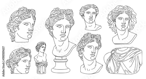 Minimalist line art Greek statue set vector classical sculpture Venus Apollo Aphrodite illustration