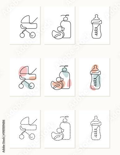 Variations of baby care icons in different artistic styles Vector