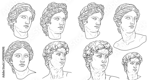 Ancient Greek gods statue line art vector set minimalist classical sculpture illustration