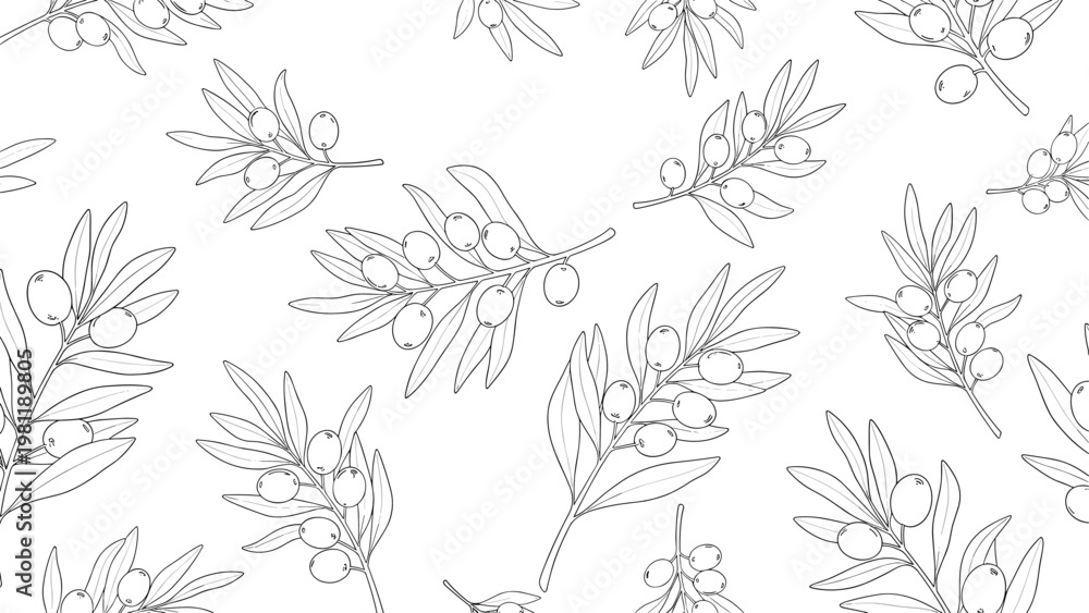Fototapeta premium Delicate black and white line art seamless pattern of olive branches with fruit for elegant stationery or fabric design.