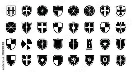 Collection of diverse medieval and heraldic shield icons symbols and emblems in black and white representing protection security and identity isolated on a clean white background