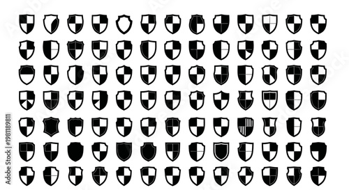 Collection of diverse shield icons representing security protection and heraldry in various shapes and styles ideal for emblems and design elements