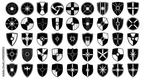 Collection of diverse medieval shield designs and viking round shields grunge texture historical warfare symbols ancient protection gear black and white graphic elements