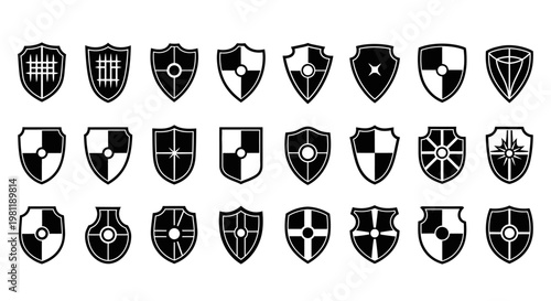 Collection of diverse shield icons representing protection security and heraldry in a black and white graphic design ideal for emblems and symbols