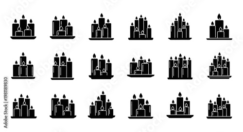 Collection of stylized black and white icons depicting various arrangements of lit candles on simple platters symbolizing warmth celebration and ambiance for graphic design