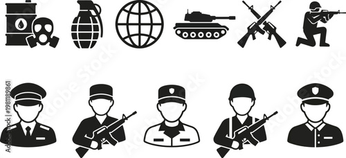 Vector graphic illustration of military and security icons including weapons and personnel