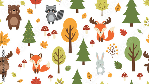 Charming seamless pattern for children featuring forest animals like foxes, bears, and raccoons among various colorful trees.
