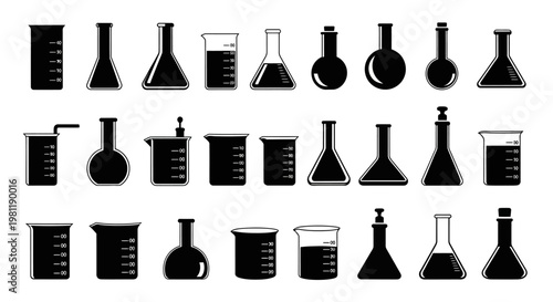 Collection of various laboratory glassware silhouettes including beakers flasks and graduated cylinders isolated on white background representing science and chemistry
