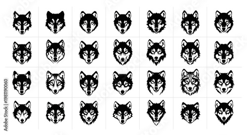 Collection of stylized wolf head icons and illustrations showcasing diverse artistic interpretations from fierce and powerful to abstract and geometric ideal for graphic design