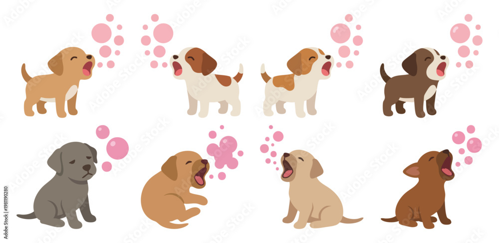 Fototapeta premium PUPPY BREATH - Tiny puppy yawning with soft pink bubbles Flat Vector Illustration on Transparent Background
