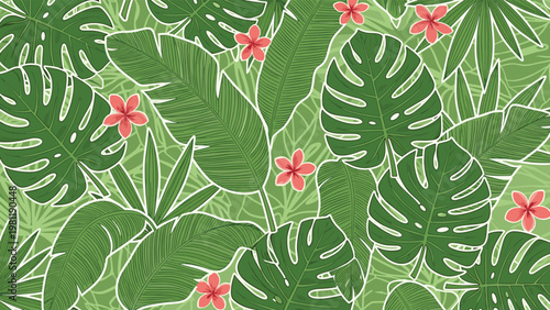 Detailed seamless pattern of tropical flora includes green monstera leaves and pink flowers on a soft green background for a natural aesthetic.