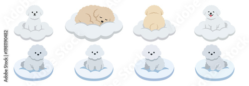 FLUFFY CLOUD - Very fluffy dog sitting on a soft white cushion  Flat Vector Illustration on Transparent Background