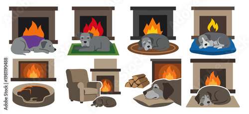 GOLDEN YEARS - Senior dog with grey fur resting near a fireplace  Flat Vector Illustration on Transparent Background