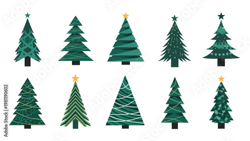Set of diverse green Christmas trees in various artistic styles and patterns with star toppers arranged in two rows for holiday design.