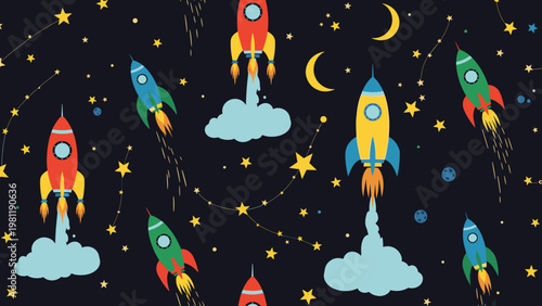 Seamless space pattern featuring colorful rockets flying among stars moons and planets on a dark night sky background.