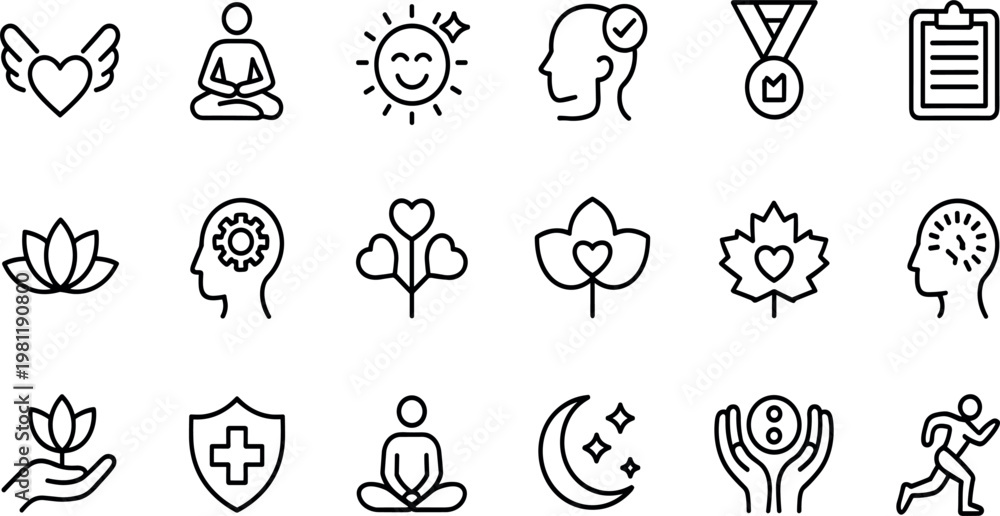 Obraz na płótnie Mental health wellness line icons set with meditation self care therapy mindfuln